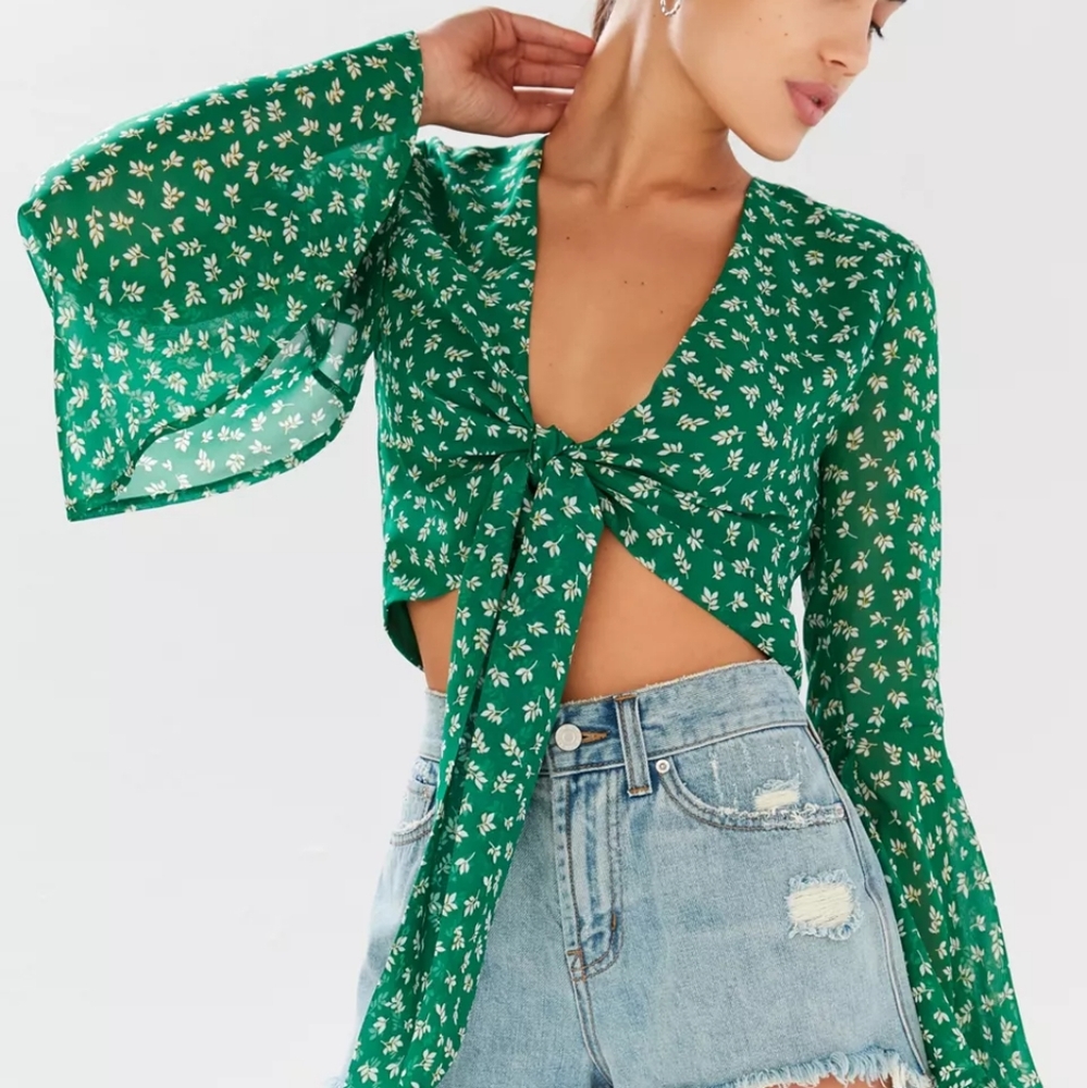 Urban Outfitters Tie Front Bell Sleeve Cropped Top